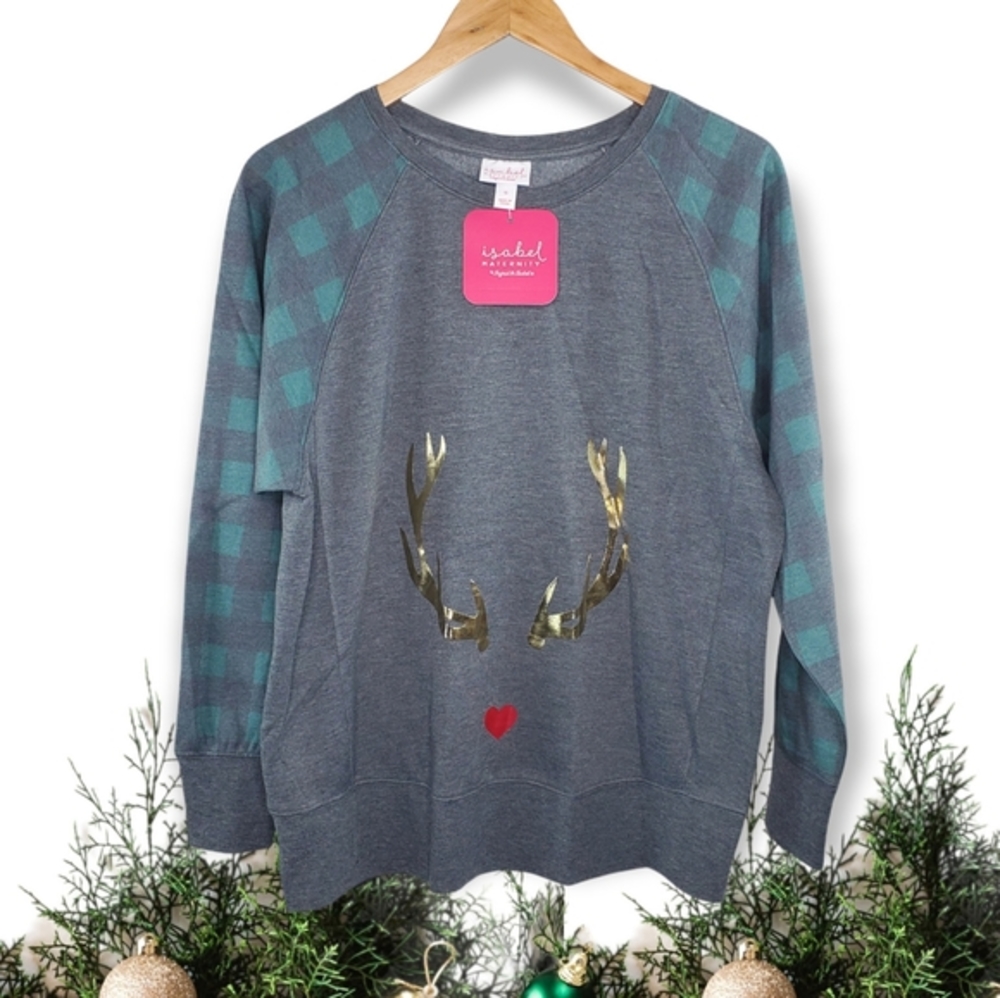 CLOSET CLOSING!🏷 Ingrid & Isabel • Metallic Reindeer Plaid Maternity Sweatshirt